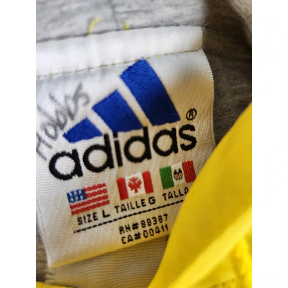 VTG Adidas Mens Windbreaker Jacket Yellow Black stripe Cotton Lined Hoodie LARGE